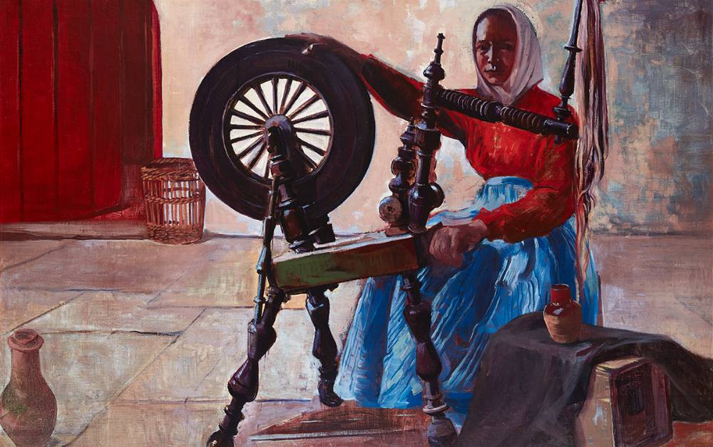 WOMAN AT A SPINNING WHEEL, c.1932 by Maurice MacGonigal PRHA HRA HRSA (1900-1979) at Whyte's Auctions