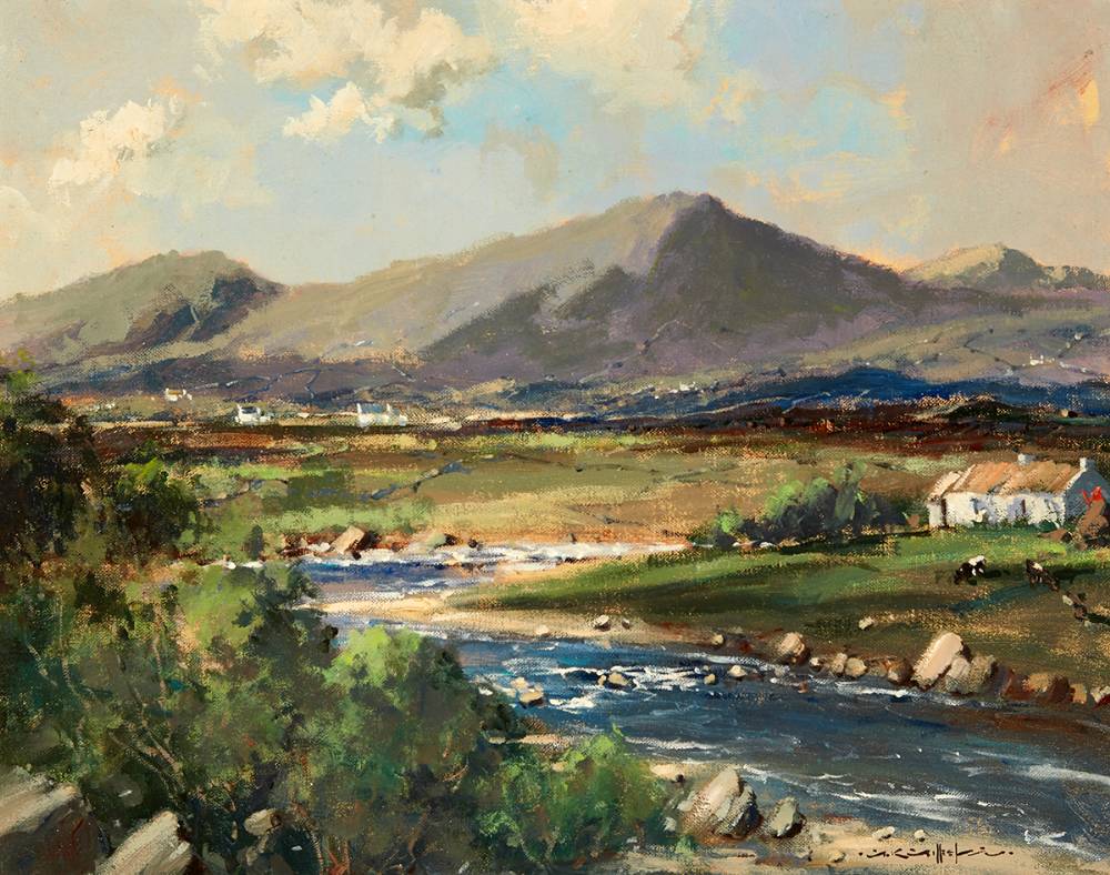 RIVER SCENE WITH COTTAGES AND MOUNTAINS IN THE DISTANCE by George K. Gillespie RUA (1924-1995) at Whyte's Auctions