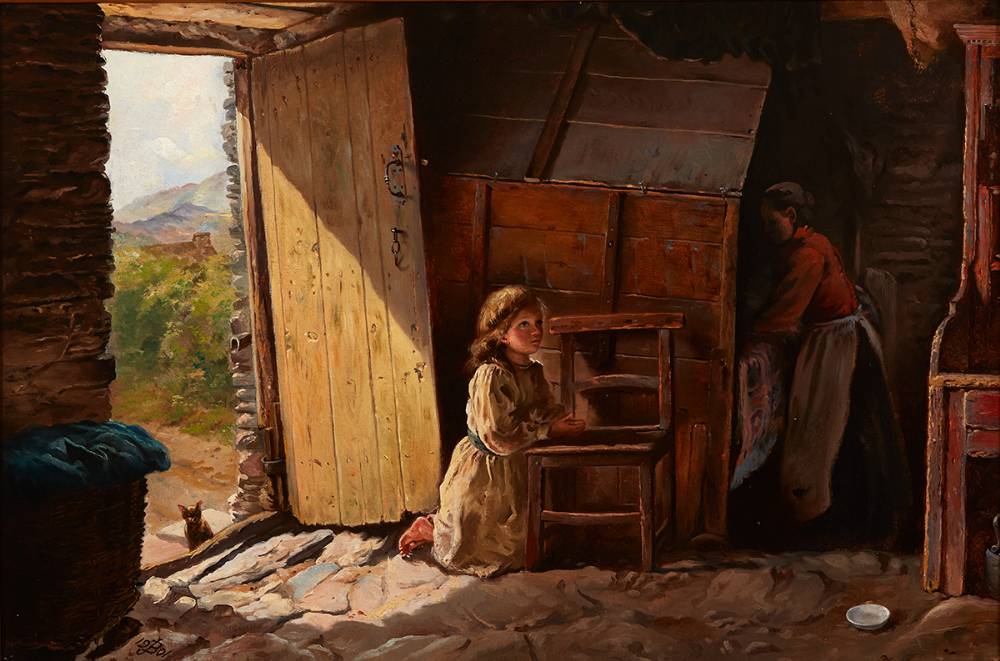 MORNING PRAYER, COTTAGE INTERIOR, COUNTY CORK, 1901 by James Brenan RHA (1837-1907) at Whyte's Auctions