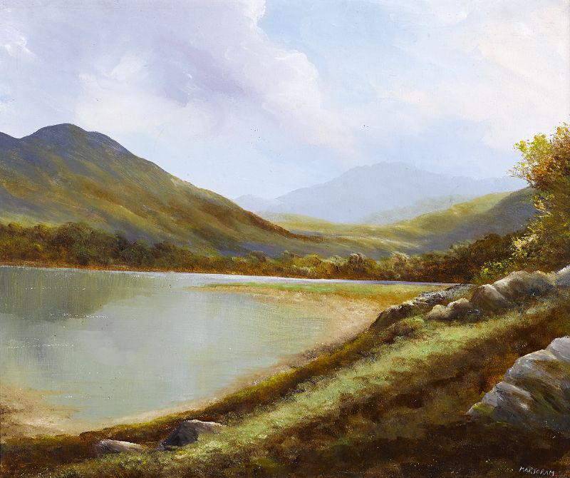 LAKE SCENE WITH MOUNTAINS IN THE DISTANCE by Gerry Marjoram (b.1936) (b.1936) at Whyte's Auctions