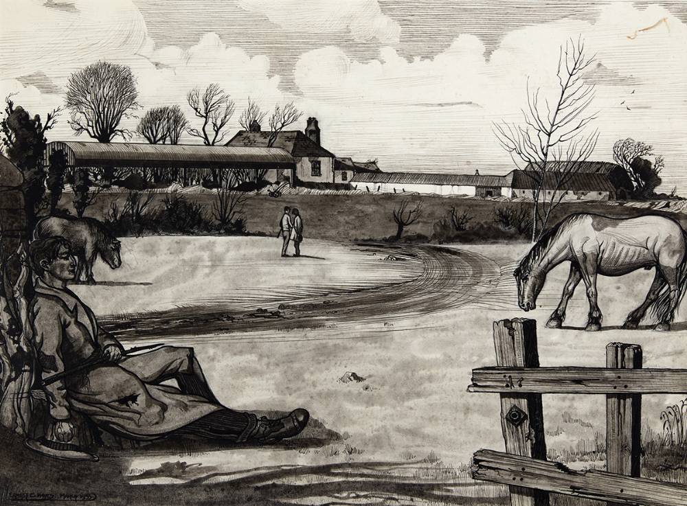 DUBLIN FARMYARD SCENE WITH SLEEPING FIGURE, HORSES AND A COUPLE, 1935 by Ernest Columba Hayes RHA (1914-1978) at Whyte's Auctions