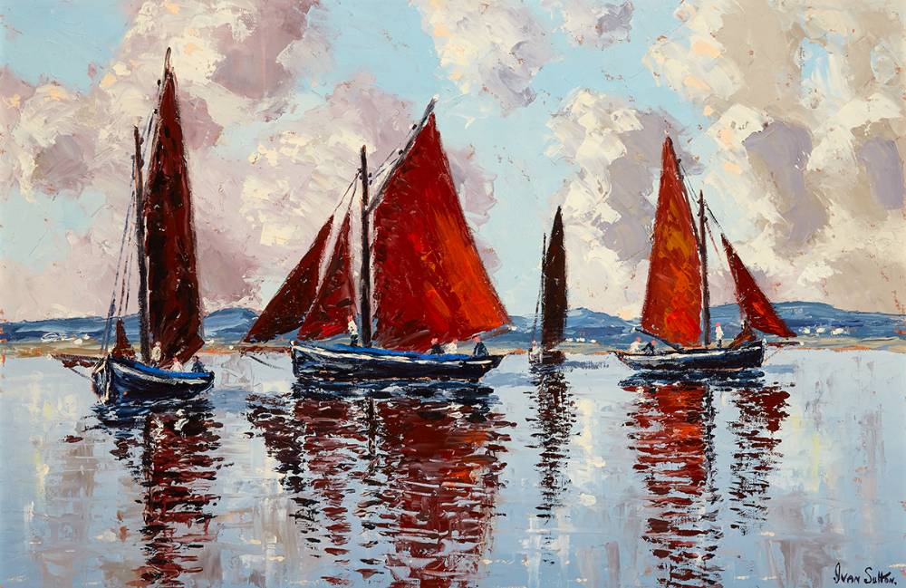 GALWAY HOOKERS BECALMED, GREATMAN'S BAY, CARRAROE, COUNTY GALWAY by Ivan Sutton (b.1944) at Whyte's Auctions