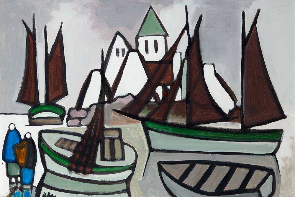 FIGURES AND BOATS BEFORE A VILLAGE by Markey Robinson (1918-1999) at Whyte's Auctions