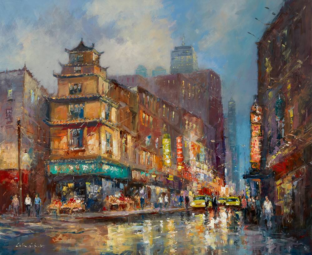 EVENING RAIN, CHINATOWN, NEW YORK, 2021 by Colin Gibson RUA (b.1948) RUA (b.1948) at Whyte's Auctions