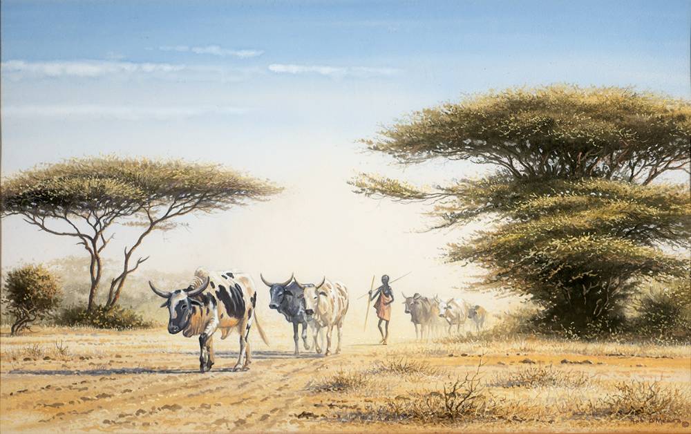 MASAI HERDSMAN WITH CATTLE by Rob O'Meara (Kenyan, fl. 1972 to present) (Kenyan, fl. 1972 to present) at Whyte's Auctions