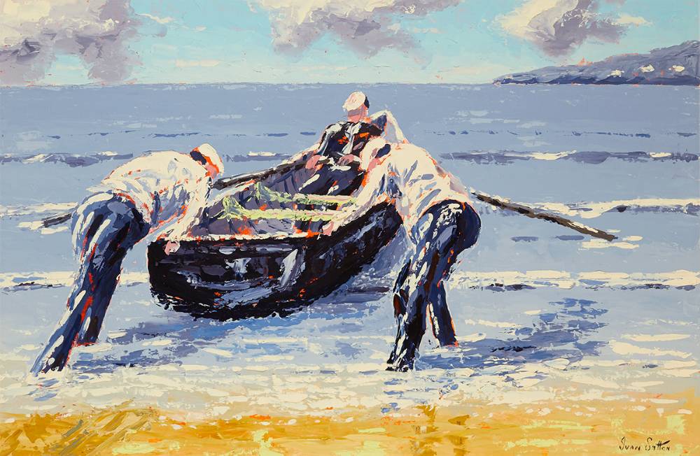 LAUNCHING THE CURRACH, INISHEER, ARRAN ISLAND, COUNTY GALWAY by Ivan Sutton (b.1944) (b.1944) at Whyte's Auctions