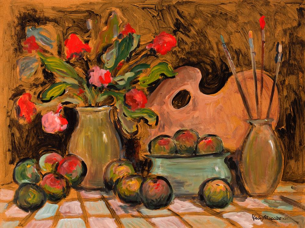 FLOWERS, FRUIT AND PALETTE by Gladys Maccabe MBE HRUA ROI FRSA (1918-2018) MBE HRUA ROI FRSA (1918-2018) at Whyte's Auctions