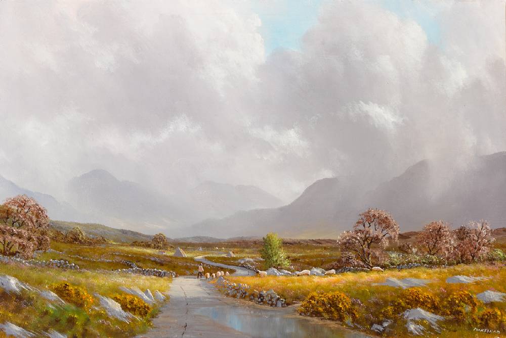 HERDING SHEEP IN RURAL LANDSCAPE by Gerry Marjoram (b.1936) at Whyte's Auctions
