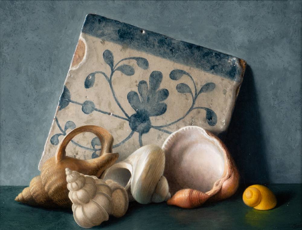 STILL LIFE WITH PORTUGUESE TILE AND SHELLS, 2021 by Stuart Morle sold for �1,400 at Whyte's Auctions