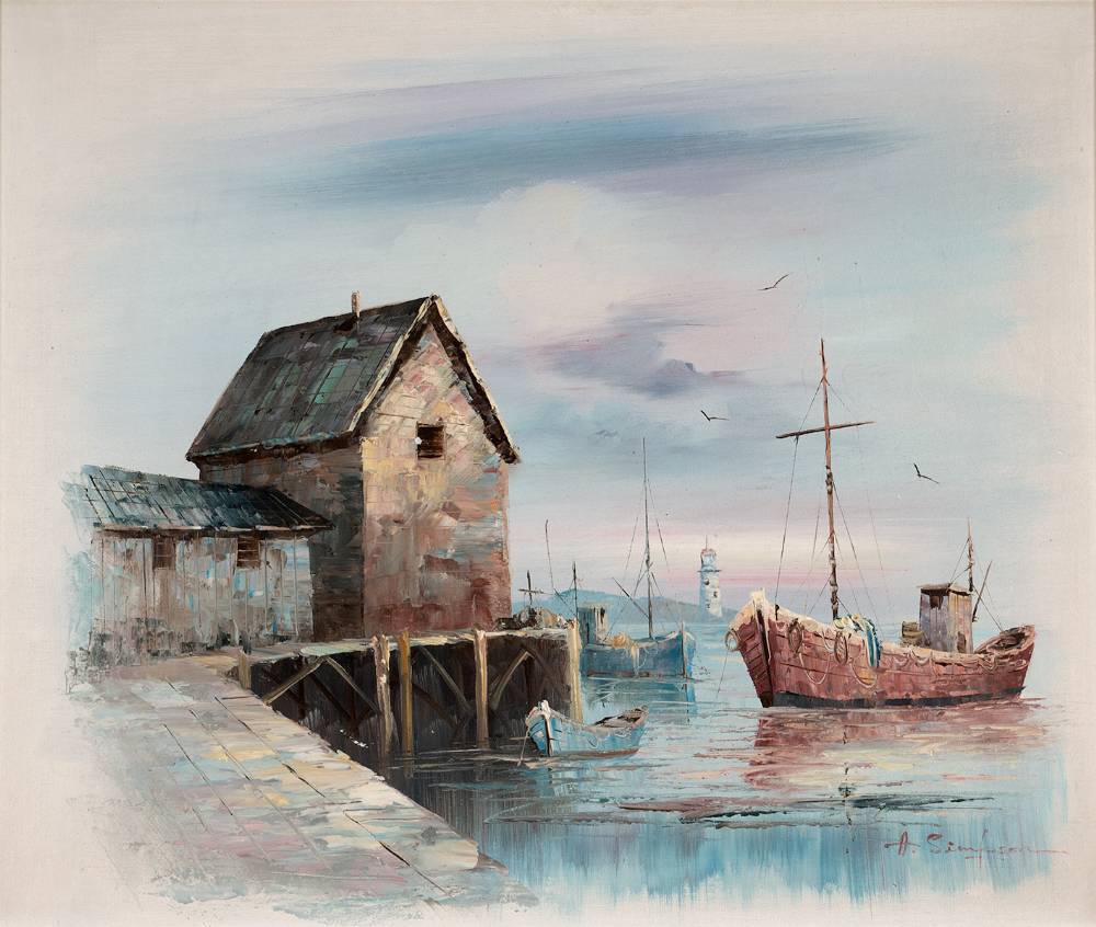 FISHING BOATS, LIGHTHOUSE AND JETTY by A. Simpson  at Whyte's Auctions