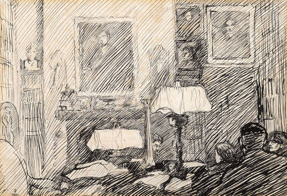 COOLE LIBRARY WITH W.B. YEATS, AUGUSTA GREGORY AND GEORGE RUSSELL, 1900 by Jack Butler Yeats sold for 6,200 at Whyte's Auctions