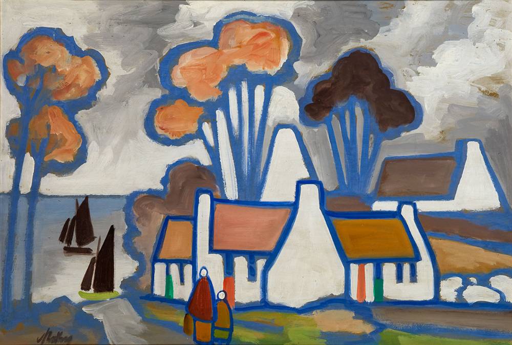 COASTAL LANDSCAPE WITH COTTAGES AND FIGURES by Markey Robinson (1918-1999) at Whyte's Auctions