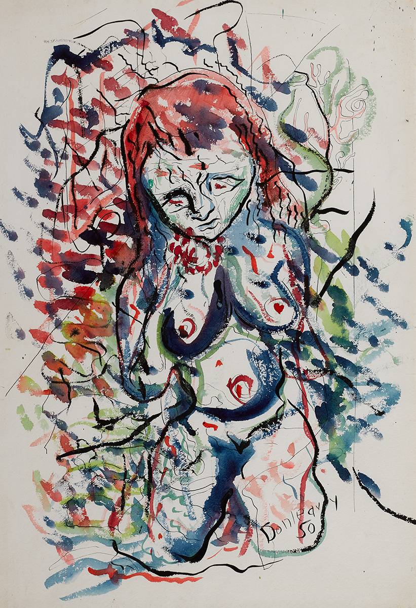 NUDE STUDY: WOMAN WITH RED FLOWER, 1950 by J. P. Donleavy sold for �680 at Whyte's Auctions