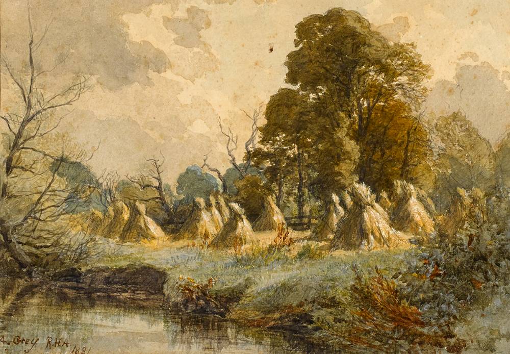 RIVER SCENE WITH HAYSTACKS, 1881 by Alfred Grey RHA (1845-1926) at Whyte's Auctions