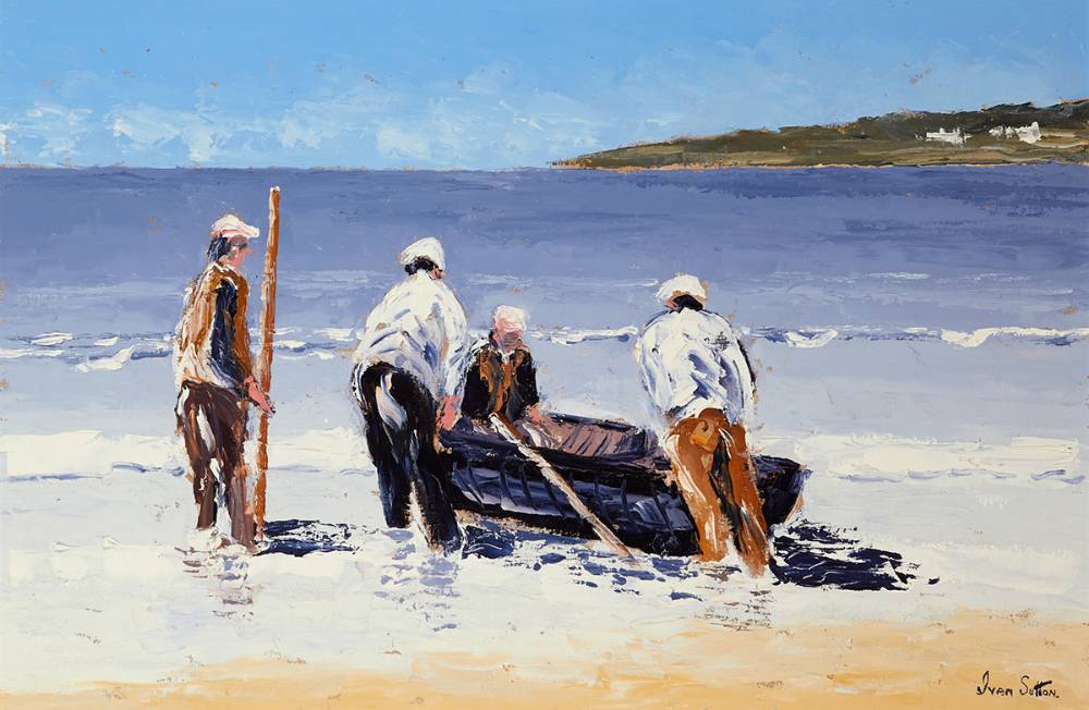LAUNCHING CURRACH, INISHEER, ARAN ISLANDS, COUNTY GALWAY by Ivan Sutton (b.1944) at Whyte's Auctions
