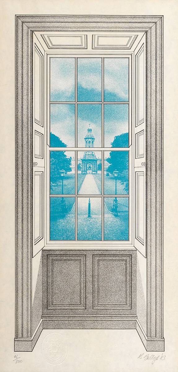 VIEW FROM THE RUBRICS, TRINITY COLLEGE, DUBLIN, 1983 by Robert Ballagh sold for 270 at Whyte's Auctions
