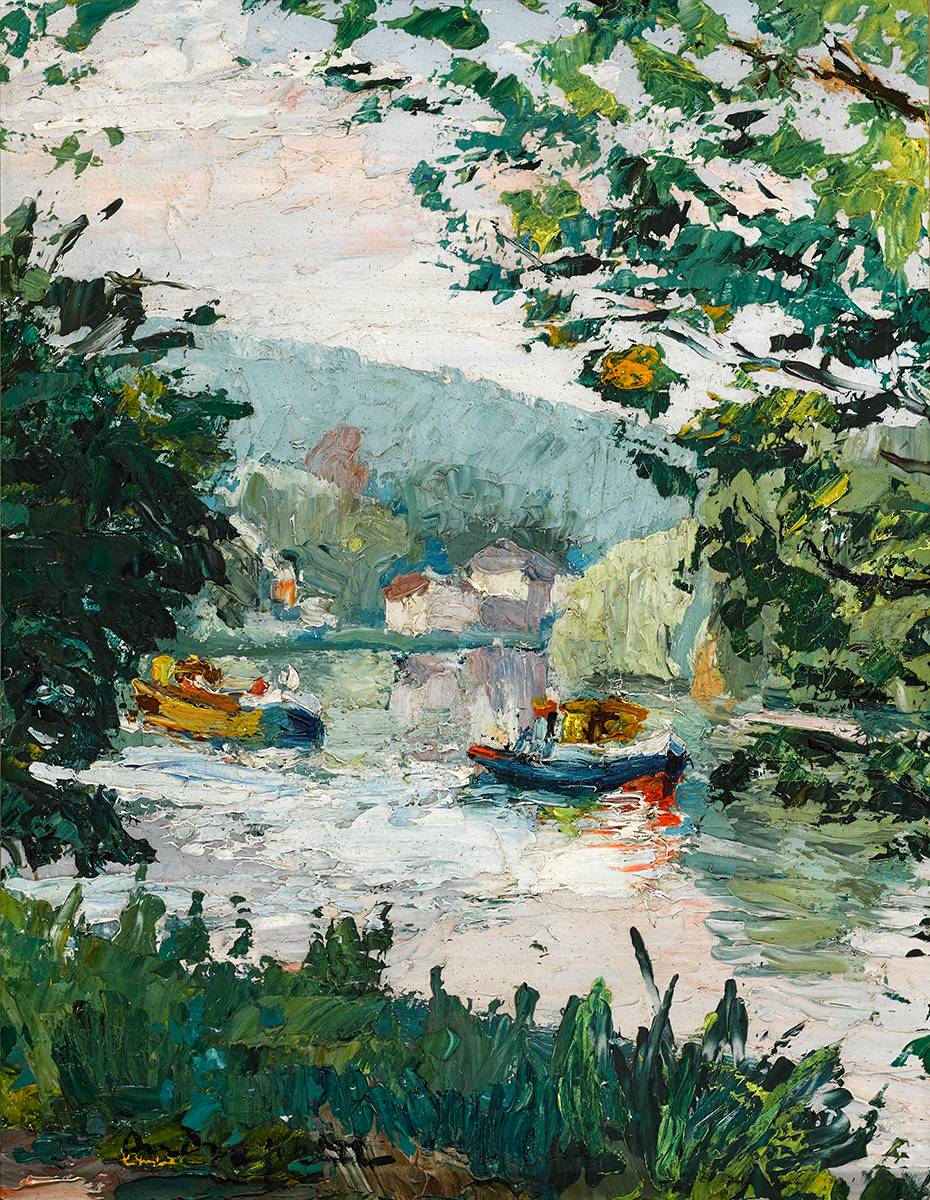 BOATS ON THE SEINE by André Petit sold for €190 at Whyte's Auctions