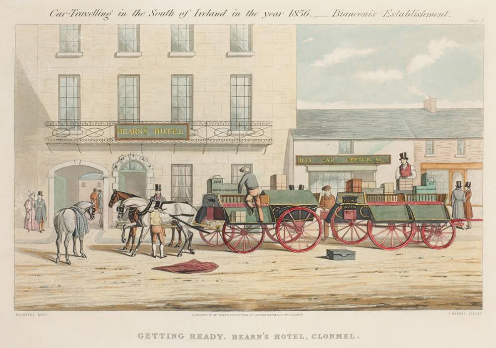 CAR TRAVELLING IN THE SOUTH OF IRELAND IN THE YEAR 1856, BIANCONI'S ESTABLISHMENT (COMPLETE SET OF SIX) by Michael Angelo Hayes sold for �750 at Whyte's Auctions
