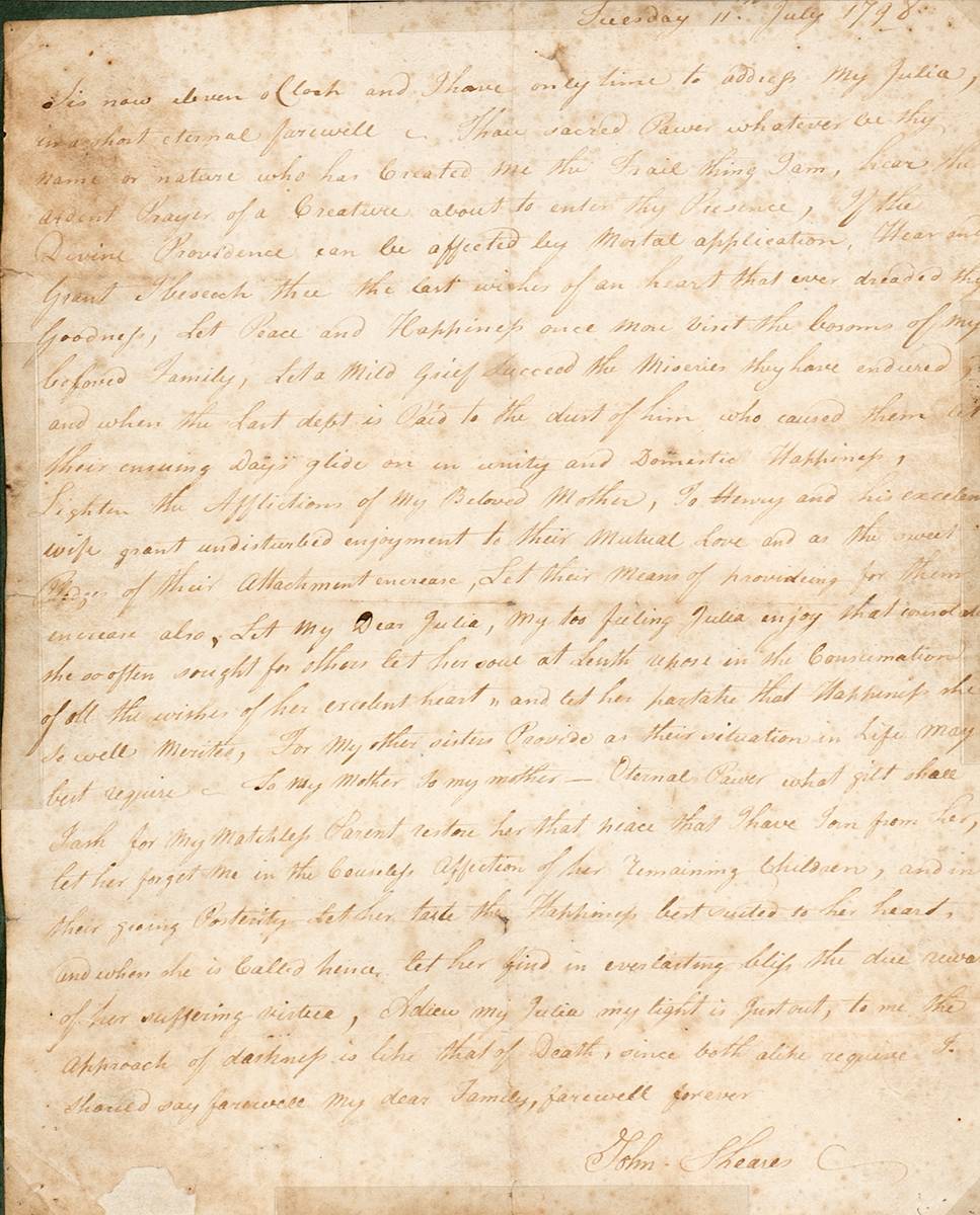 1798 (11 July) letter written by John Sheares on the eve of his execution. at Whyte's Auctions