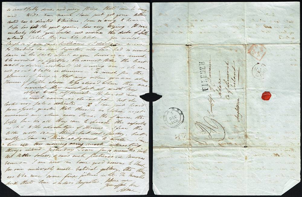 1836 (December) letter from 3rd Earl of Dunraven in Florence to his wife at Adare. at Whyte's Auctions