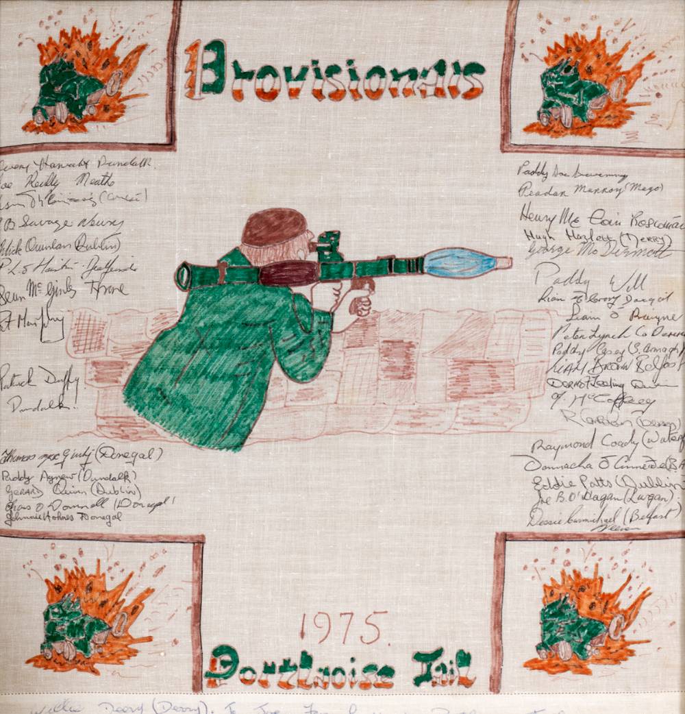 1975. Portlaoise Jail republican prisoner art. 'Provisionals' handkerchief showing volunteer with a rocket launcher. at Whyte's Auctions