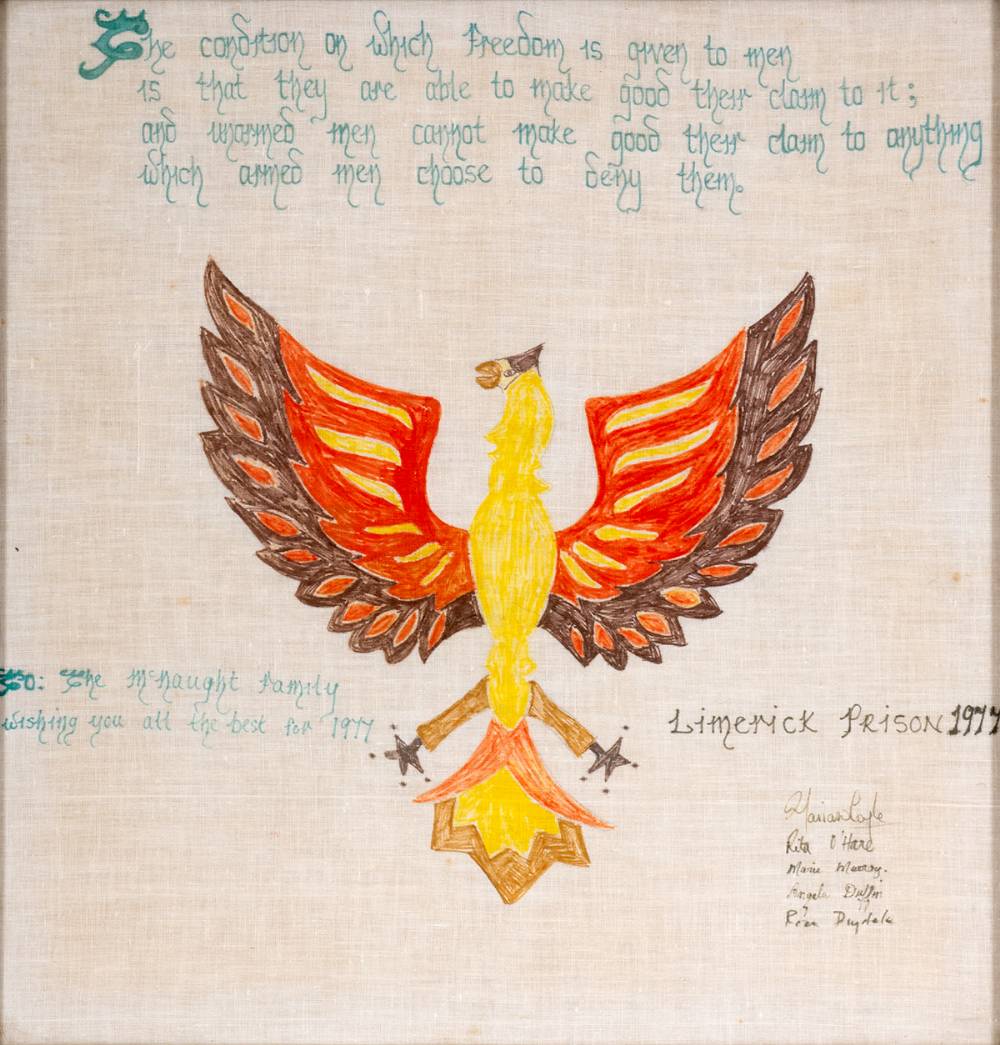 1977. Female Republican prisoners painted handkerchief, Limerick Prison, signed by Rita O'Hare, Rose Dugdale, Marian Coyle and others. at Whyte's Auctions