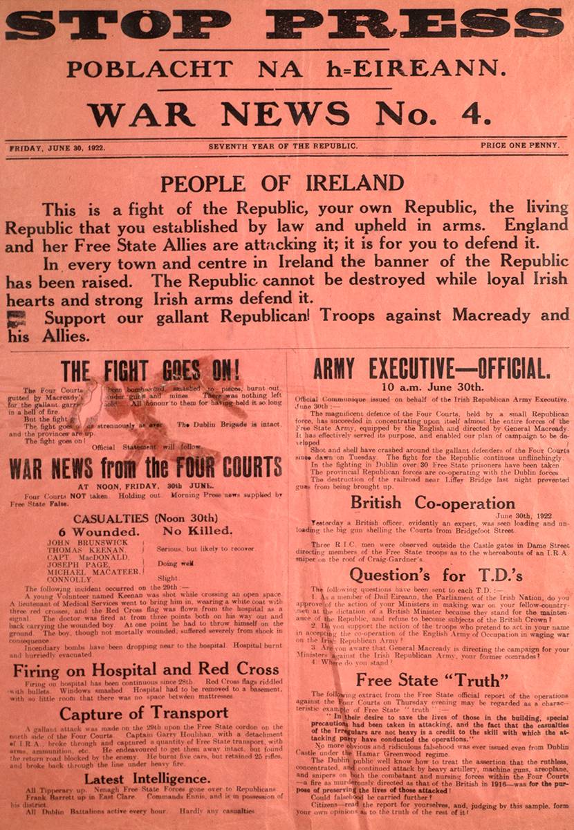 1922 (30 June). Civil War. 'Poblacht na h-Eireann Stop Press War News' broadsheet by anti-Treaty forces at the Four Courts. at Whyte's Auctions