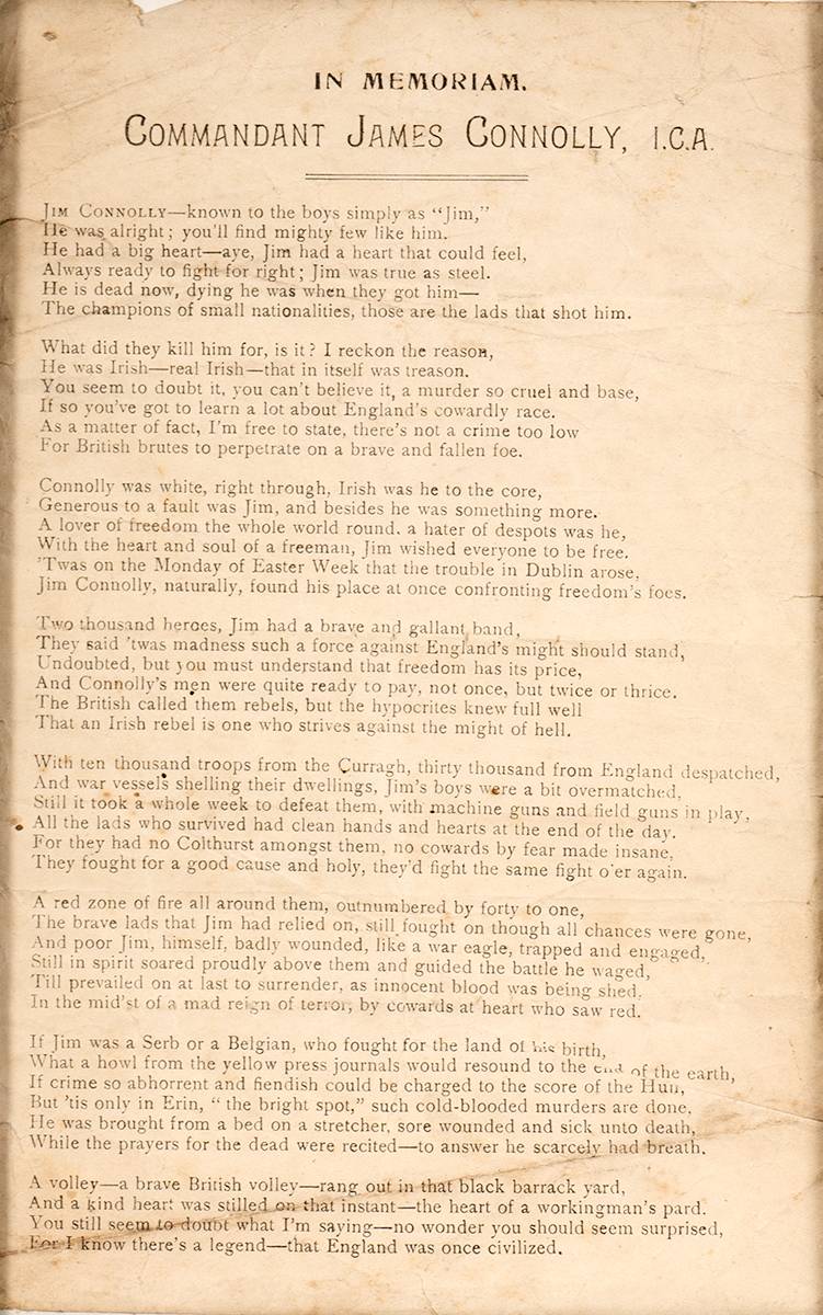 1916. In Memoriam poem - Commandant James Connolly I.C.A. at Whyte's Auctions