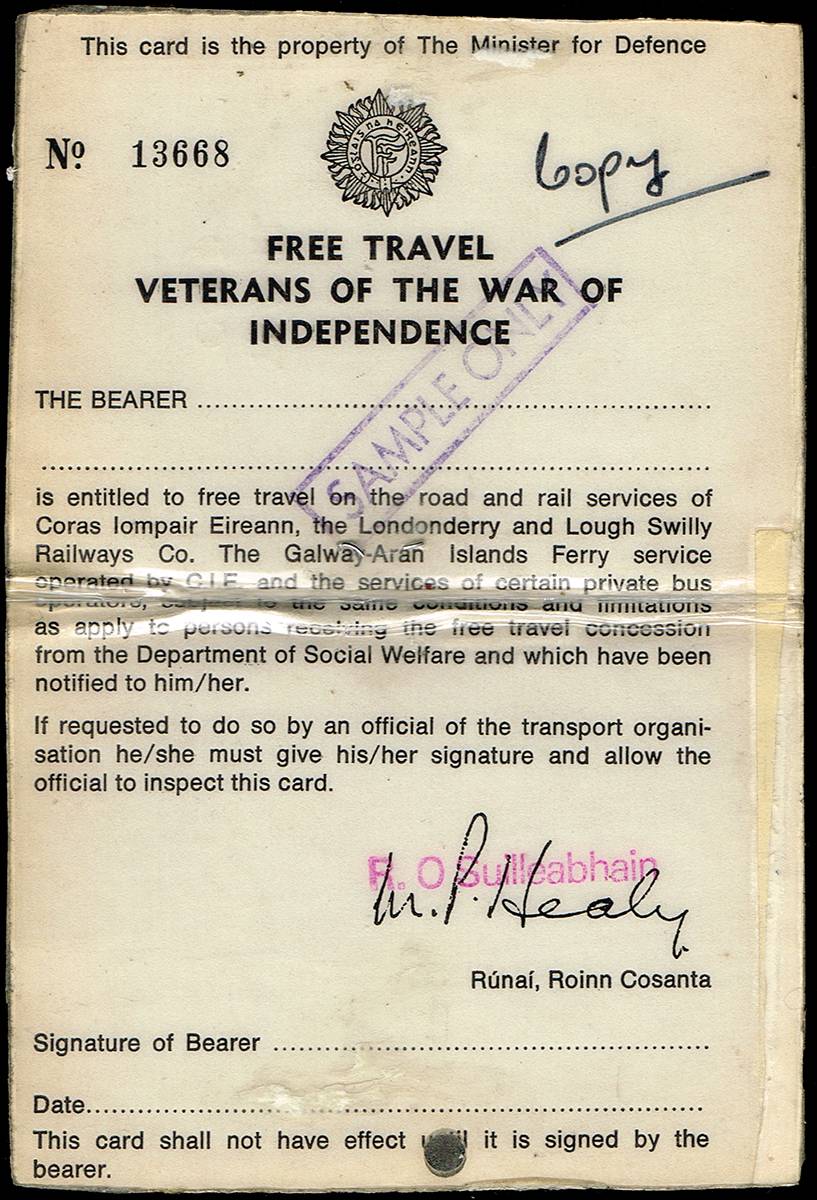 1916-21. Veterans of the War of Independence 'Free Travel' pass. at Whyte's Auctions