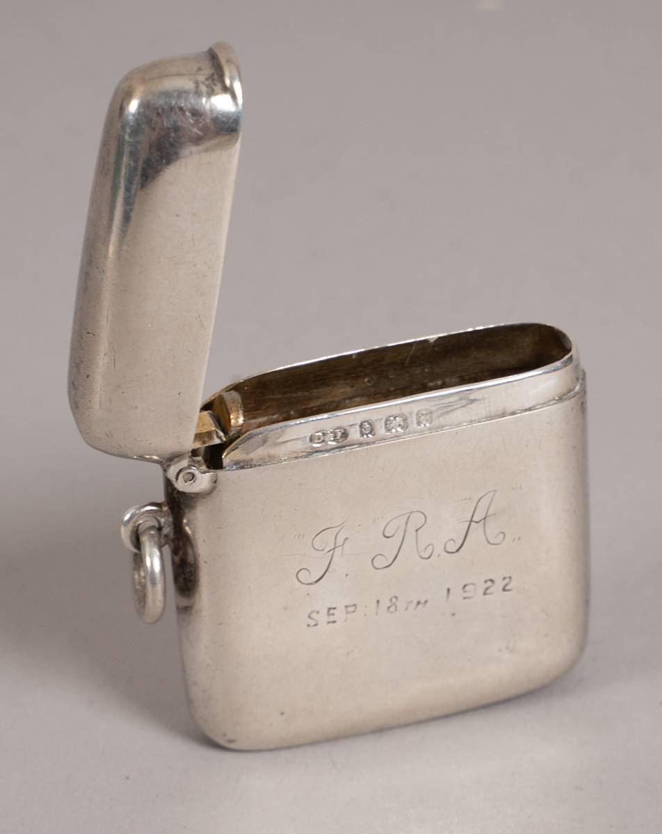 1922 (18 September) a silver vesta etched 'I.R.A. Sep. 18th 1922'. at Whyte's Auctions
