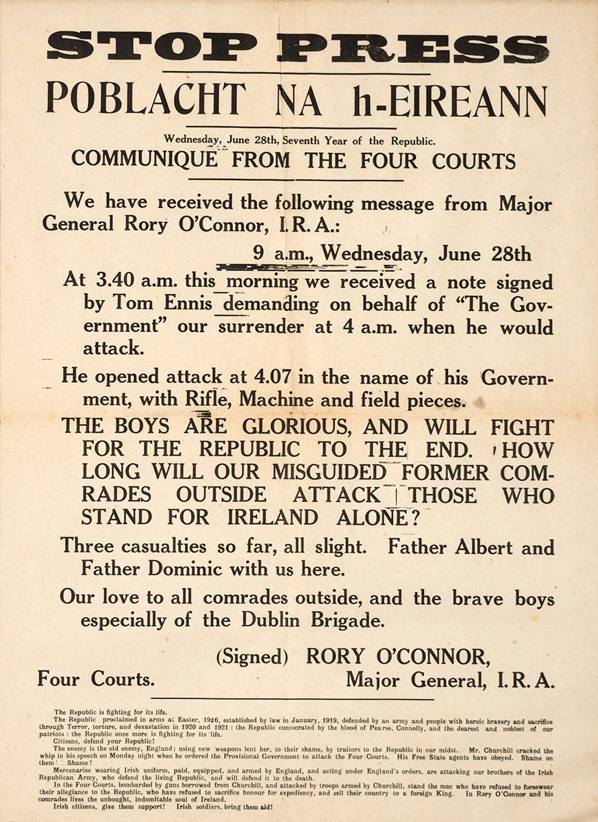 1922 (28 June) Communiqu from The Four Courts by Rory O'Connor. at Whyte's Auctions