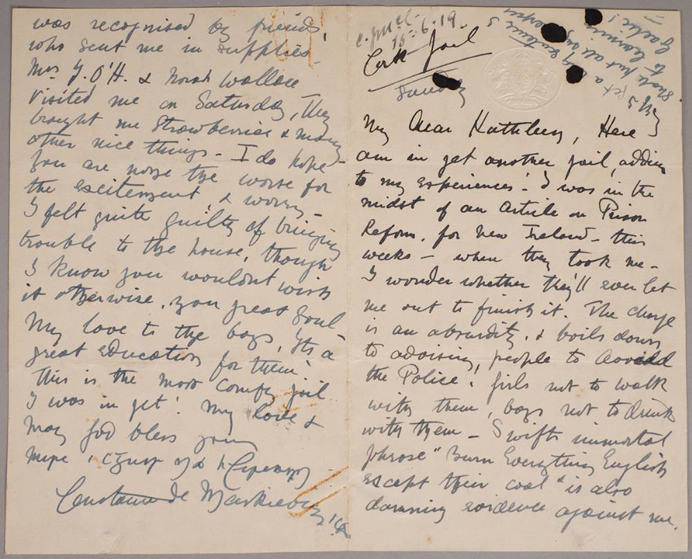 1919-20 A very important collection of letters from Countess Markievicz in prison to Kathleen Clarke, widow of Tom Clarke. at Whyte's Auctions