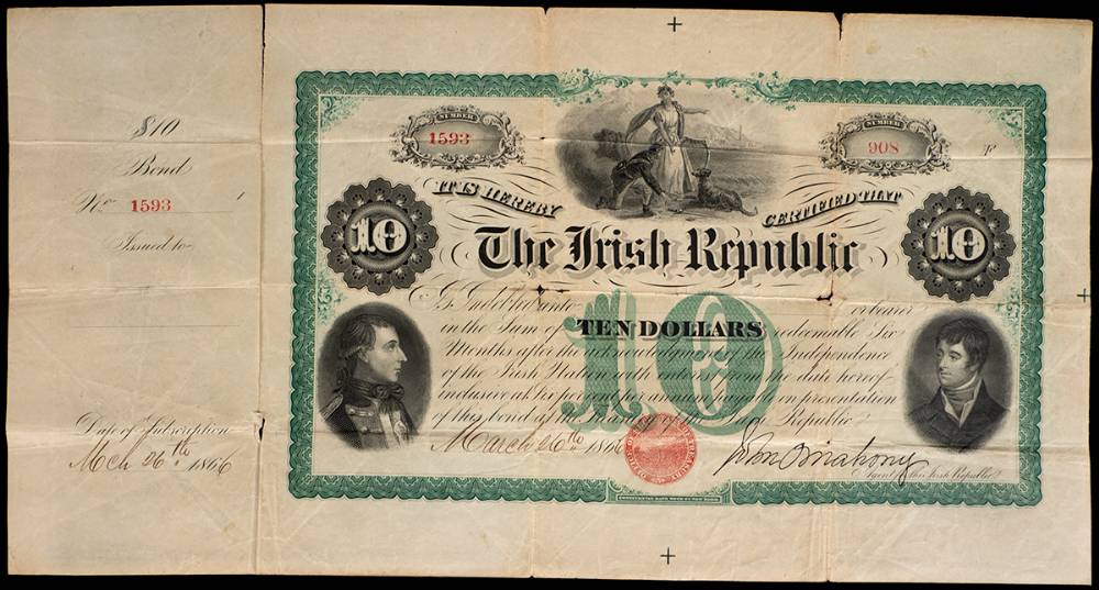 1866 Irish Republic bond, Ten Dollars, issued by the Fenian Brotherhood in America. at Whyte's Auctions