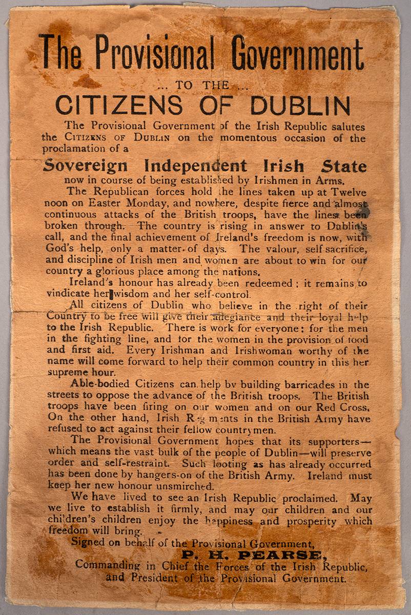 1916 (25 April) a second bulletin writen by Pearse: 'The Provisional Government to the Citizens of Dublin' from the Rising GHQ in the GPO. at Whyte's Auctions