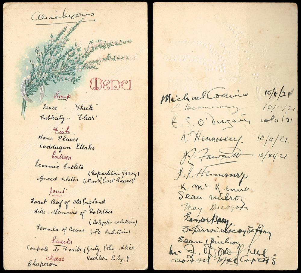 1921 (10 November) a menu signed by the Treaty negotiators and their staff in London. at Whyte's Auctions