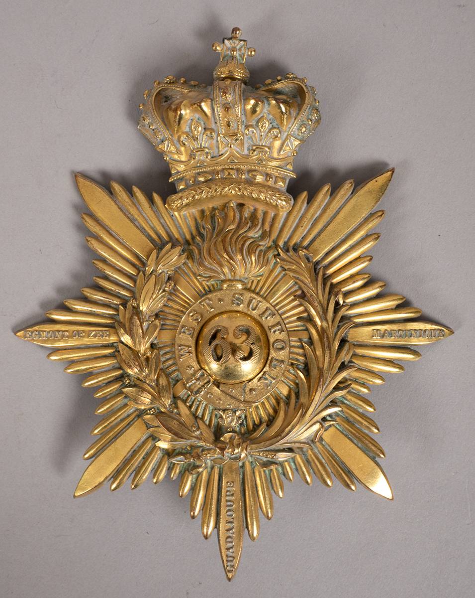 Very rare 19th century 63rd (West Suffolk)  Regiment officers gilt badge. at Whyte's Auctions