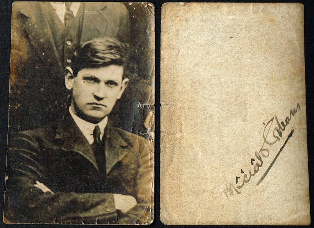 1920-22. A 'mugshot' photograph of Michael Collins, signed by him on back. at Whyte's Auctions
