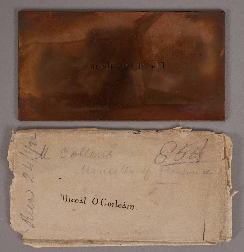 1922 (24 January) Michael Collins calling card copper printing plate. at Whyte's Auctions