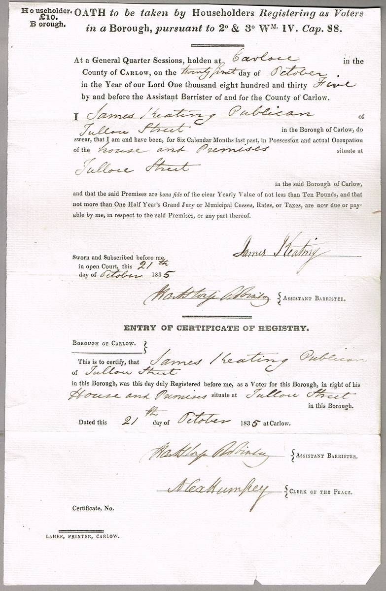 1832-1842. Voter registration forms, Carlow. (39) at Whyte's Auctions