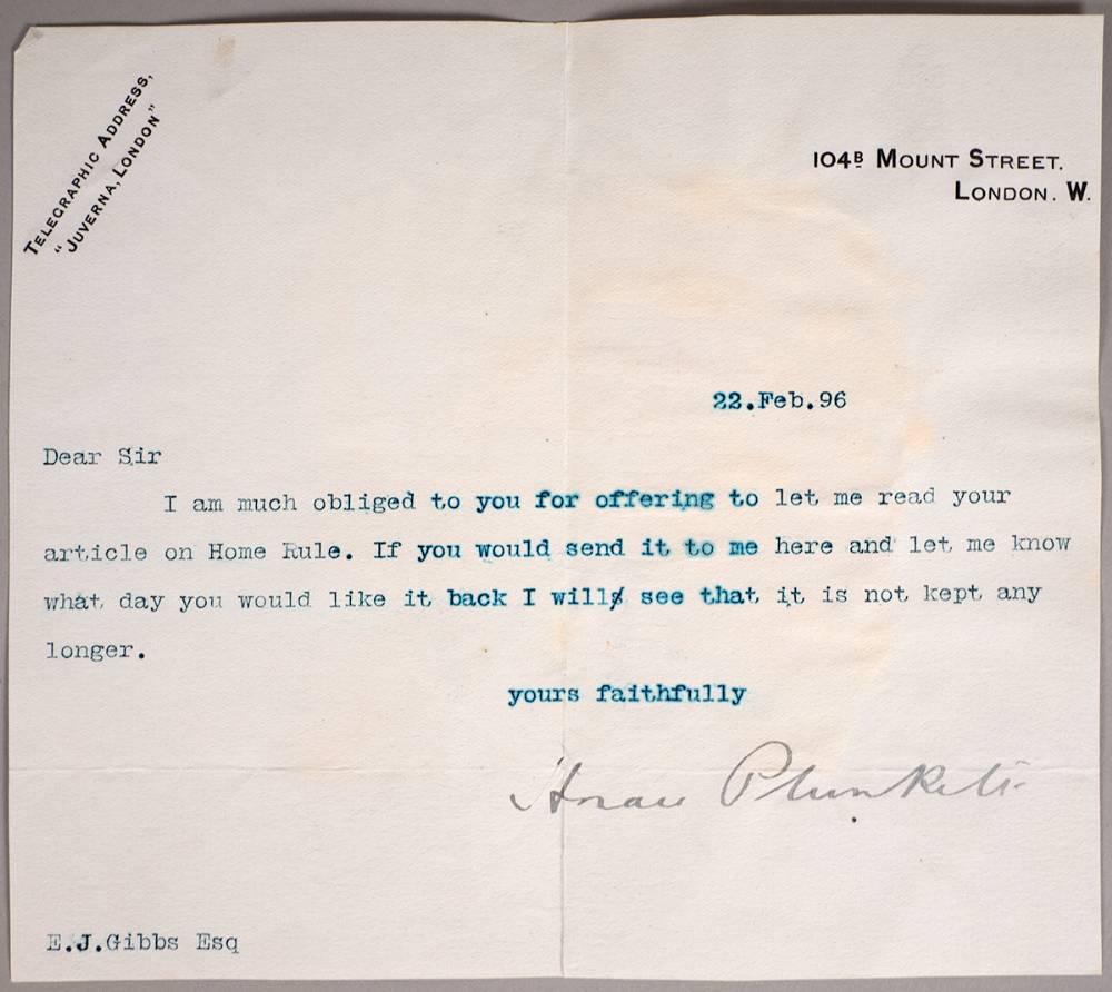 1896-1900. Interesting letters regarding Horace Plunkett. at Whyte's Auctions