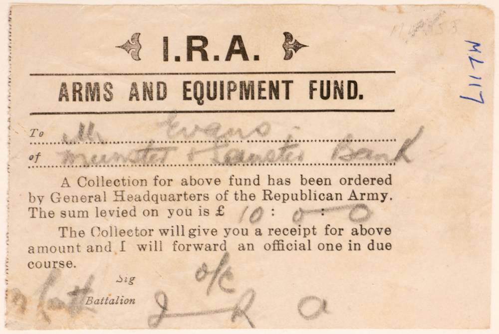 Circa 1920 IRA receipt for a levy on a bank. at Whyte's Auctions