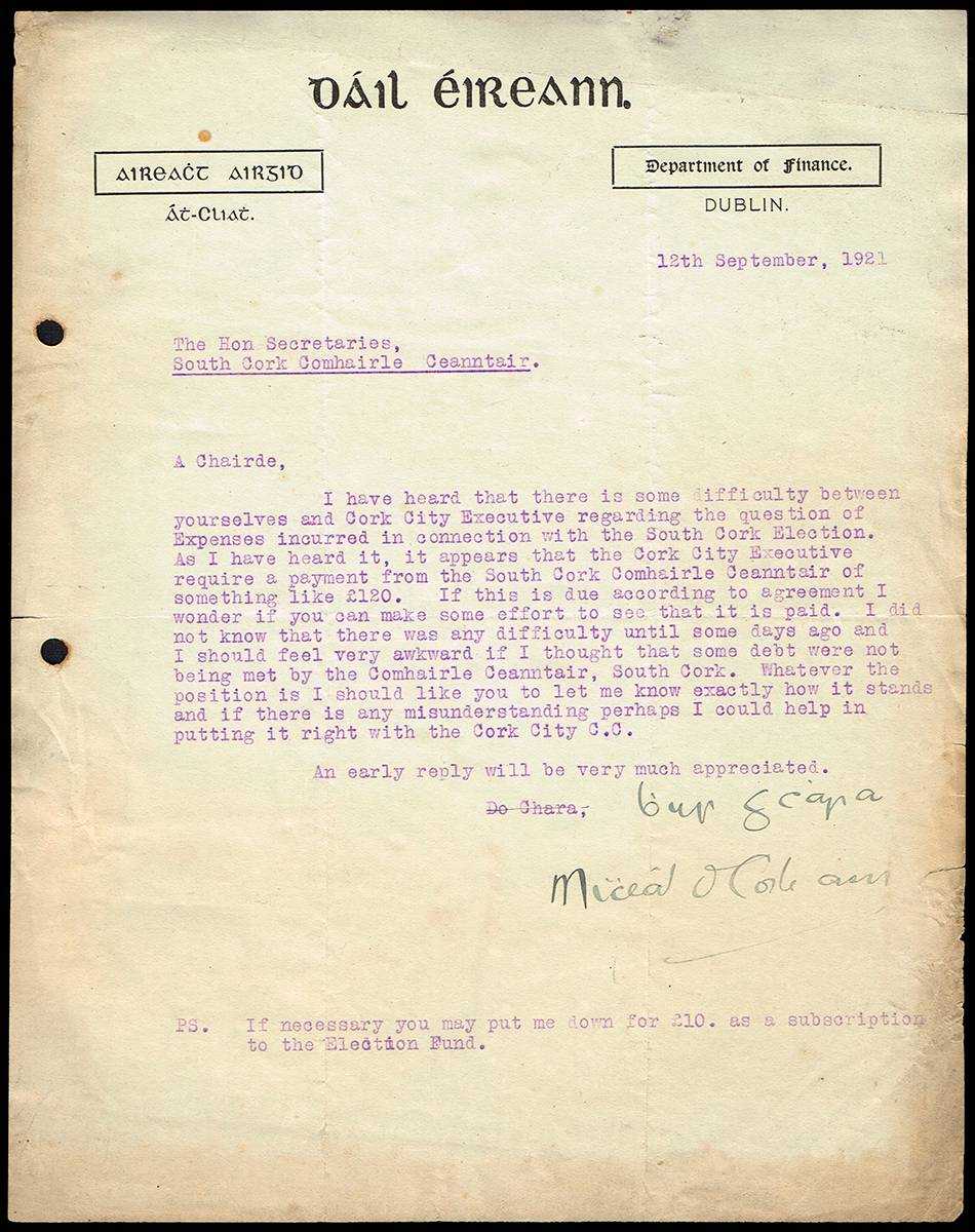 1921 (12 September) letter from Michael Collins, Dil ireann Minister of Finance. at Whyte's Auctions