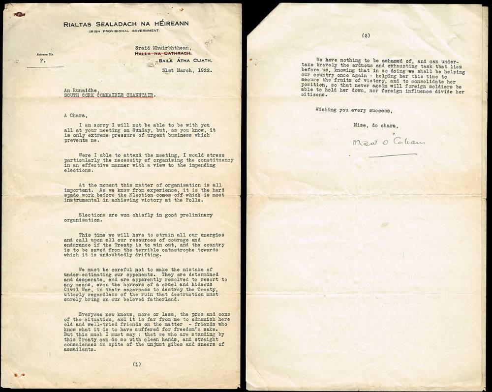 1922 (31 March) letter from Michael Collins on Irish Provisional Government headed paper. at Whyte's Auctions