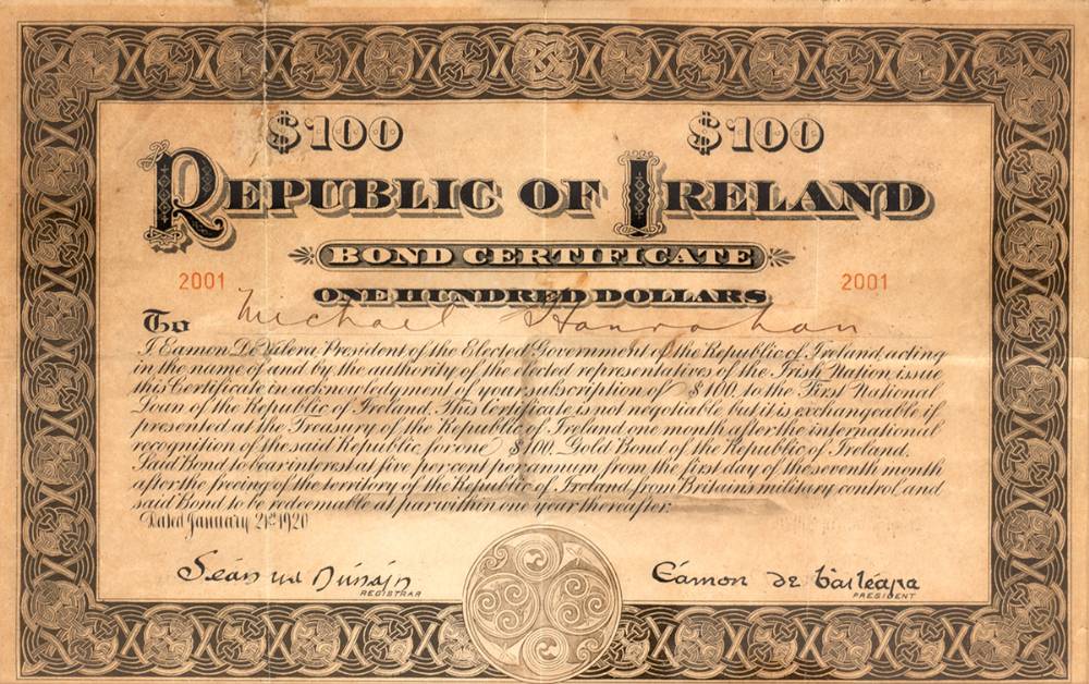 1920 (21 January) Republic of Ireland Bond Certificate for One Hundred Dollars. at Whyte's Auctions