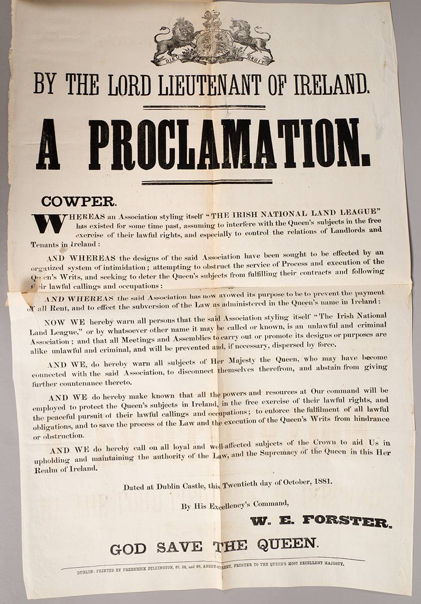 1881 (20 October) A Proclamation by The Lord Lieutenant of Ireland outlawing the Irish National Land League. at Whyte's Auctions