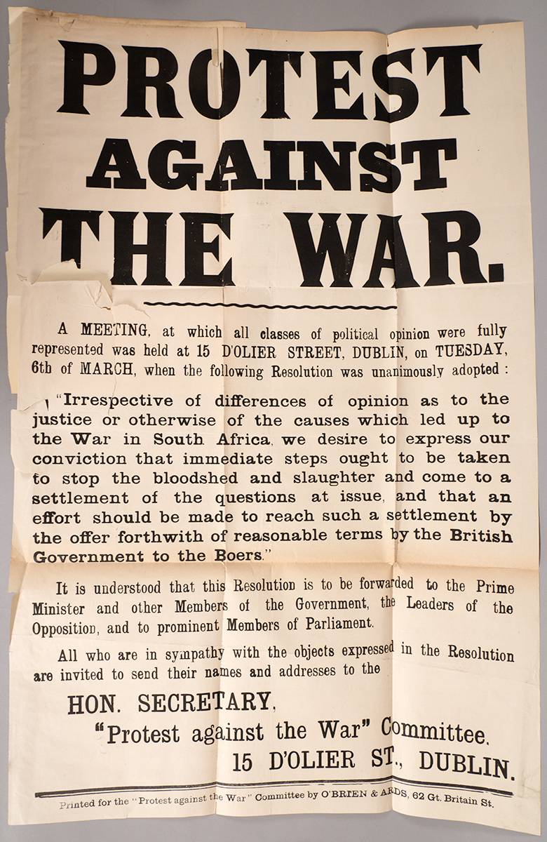 Circa 1899 poster: 'Protest against The War' concerning the Boer War. at Whyte's Auctions