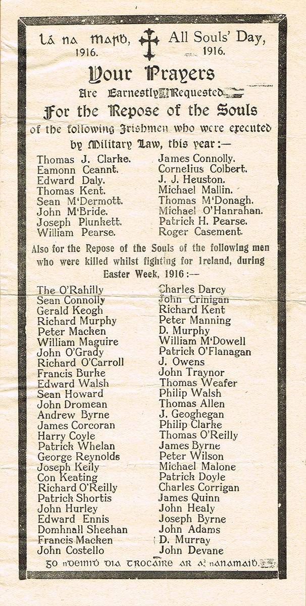 1916 (2 November) All Souls Day memoriam sheet for the executed leaders and Irish combatants killed in the Rising. at Whyte's Auctions
