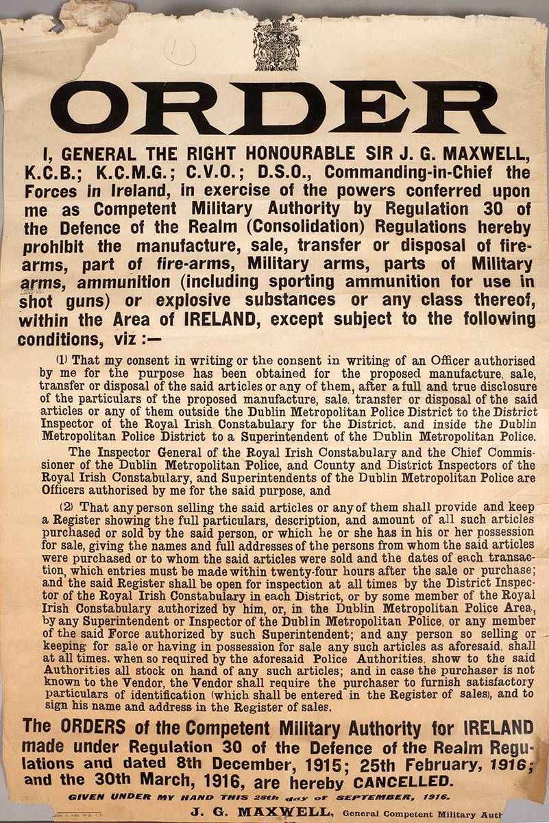 1916 (28 September). An Order by General Maxwell concerning firearms and explosive substances. at Whyte's Auctions