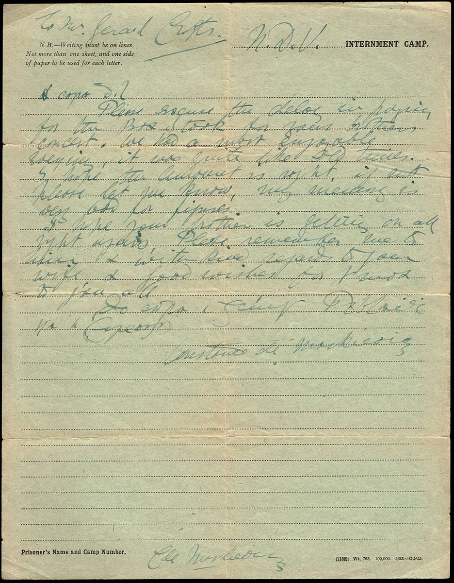 1923 (November)  letter from Countess Markievicz at internment camp to Gerard Crofts .<br> at Whyte's Auctions