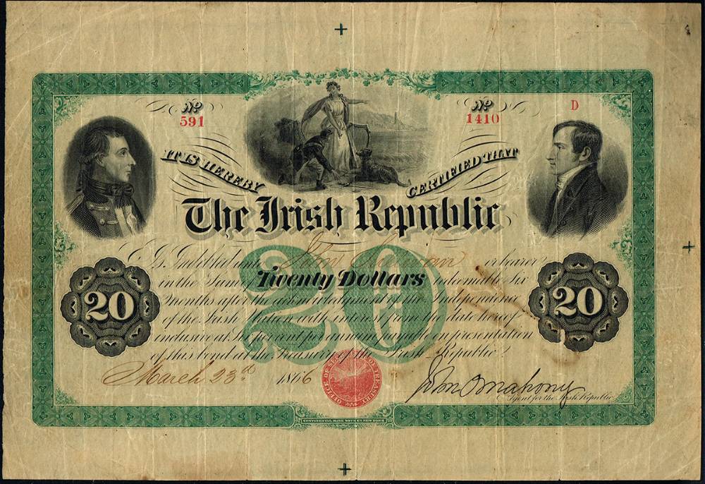 1866 Irish Republic Twenty Dollars Bond issued by the Fenian Brotherhood in the USA. at Whyte's Auctions